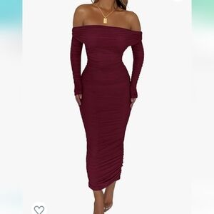 Off Shoulder Maxi Bodycon Dress Long Sleeve Ruched Fitted with Slit in back SZ L